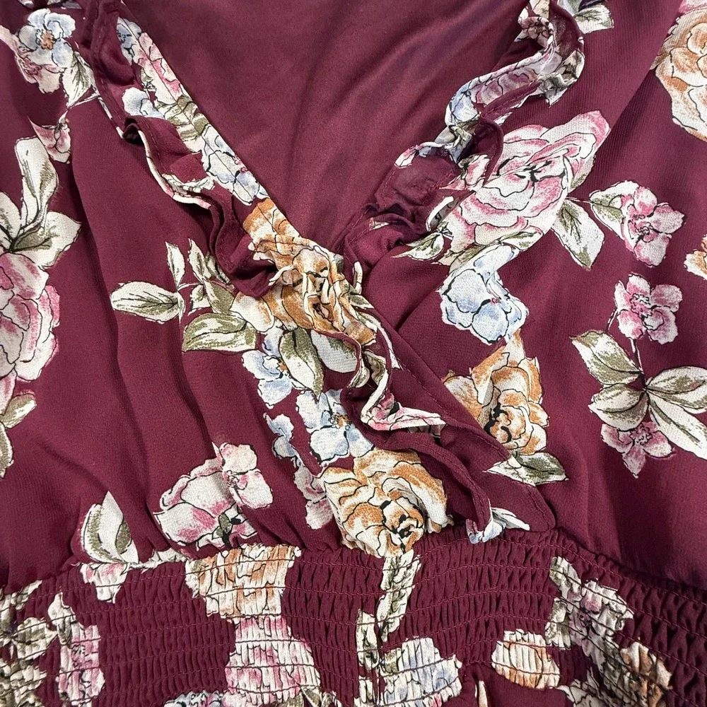 Maurices XXL Burgundy Floral Ruffle Faux Wrap Dress Long Sleeve Boho Midi - Picture 11 of 16